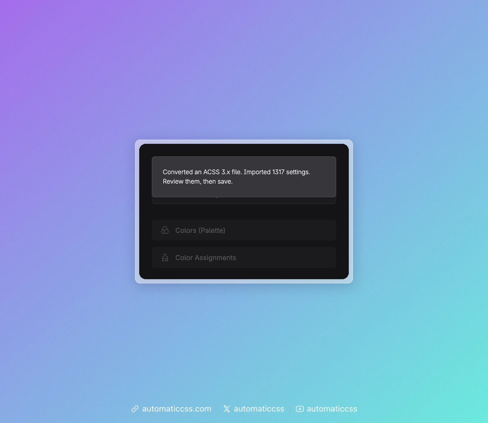 The dashboard reports that it converted an ACSS 3.x file