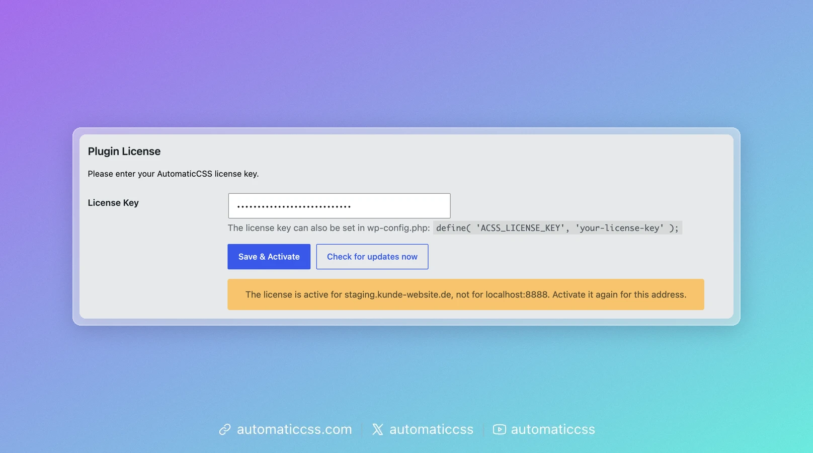 License tab after a domain change, with a yellow notice naming the old and the new address