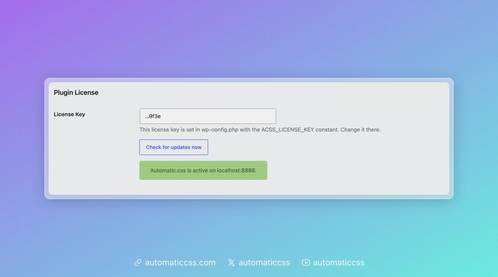 License tab with the key set in wp-config.php: read-only field showing the last four characters